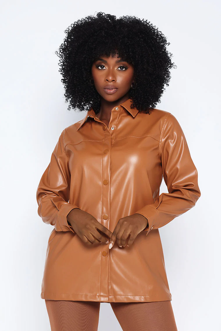 BUTTON UP FAUX LEATHER SHIRT-AMBER - Image 2