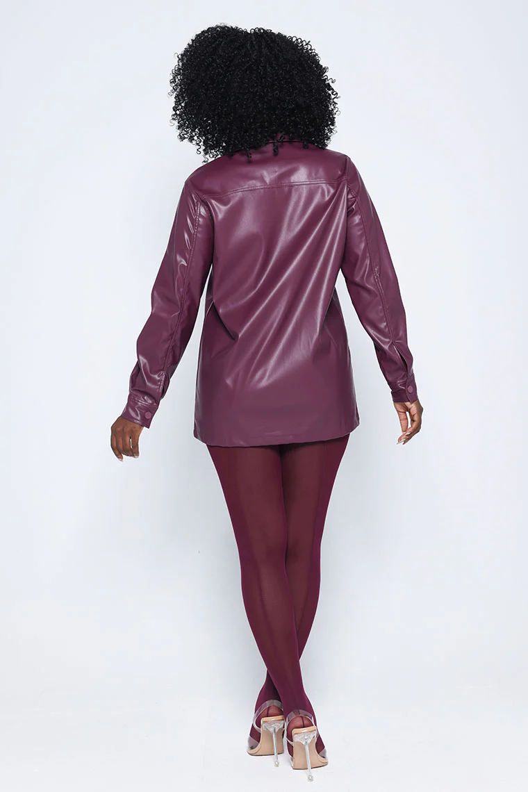 BUTTON UP FAUX LEATHER SHIRT-PLUM - Image 3