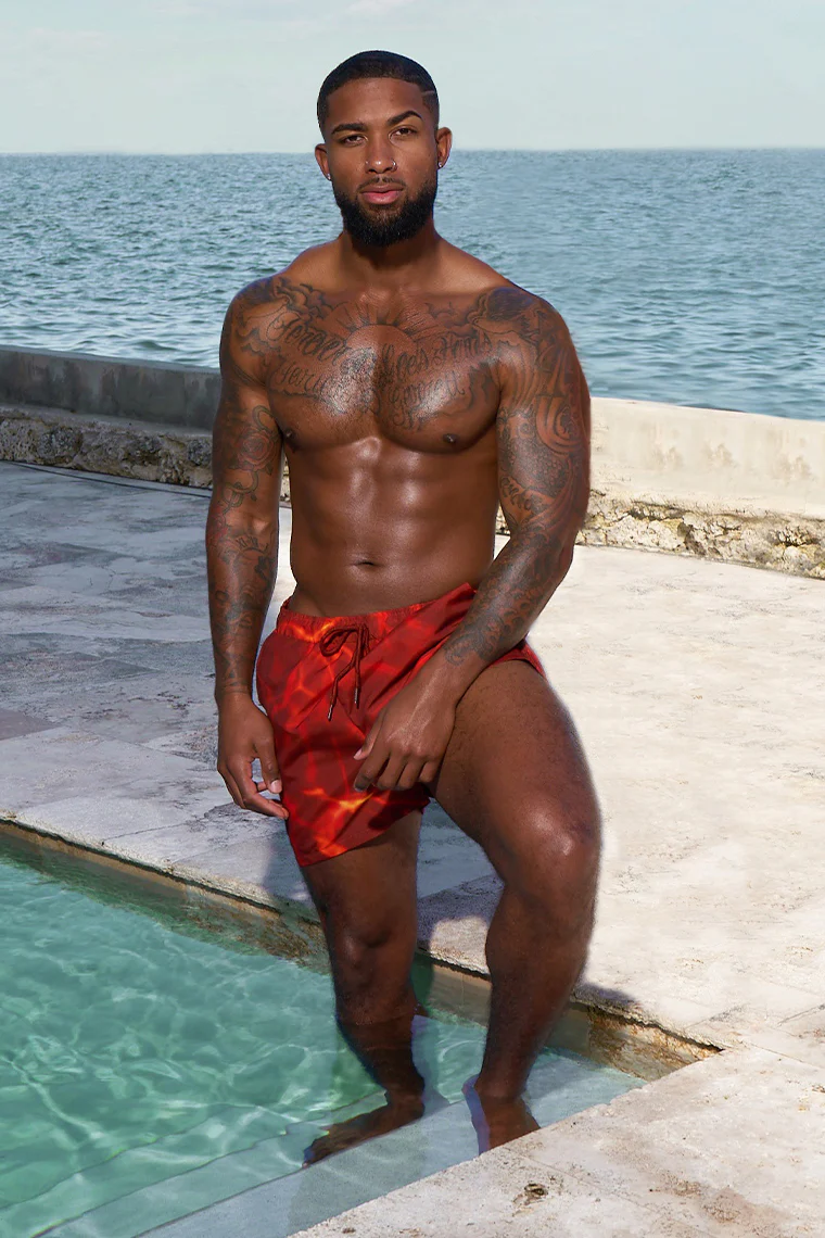 POWER TRIP BEACH SHORTS-RED MARBLE