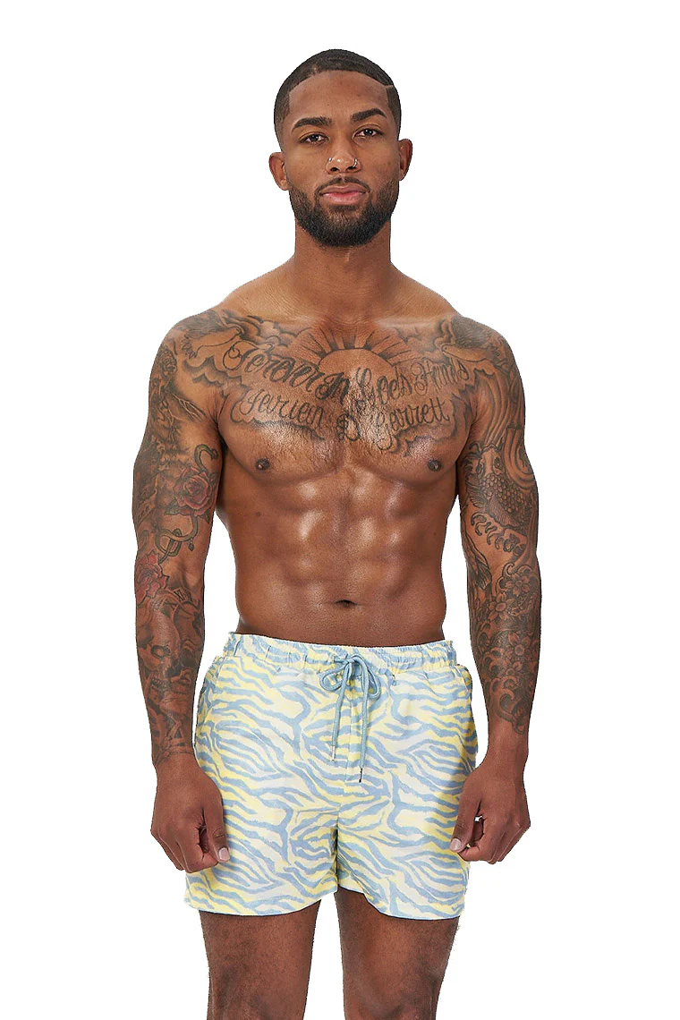 POWER TRIP BEACH SHORTS-YELLOW ZEBRA PRINT